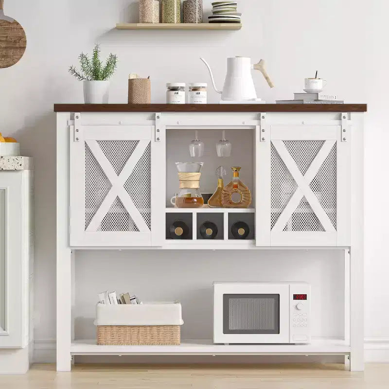 GustoWave Buffet bahut de 118 cm avec rangement, meuble de bar à café, meuble de bar à vin de ferme avec porte-verres à vin