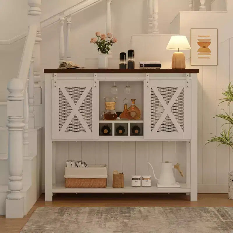 GustoWave Buffet bahut de 118 cm avec rangement, meuble de bar à café, meuble de bar à vin de ferme avec porte-verres à vin