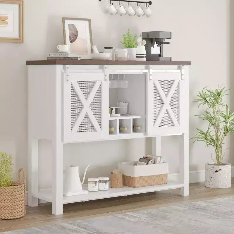 GustoWave Buffet bahut de 118 cm avec rangement, meuble de bar à café, meuble de bar à vin de ferme avec porte-verres à vin