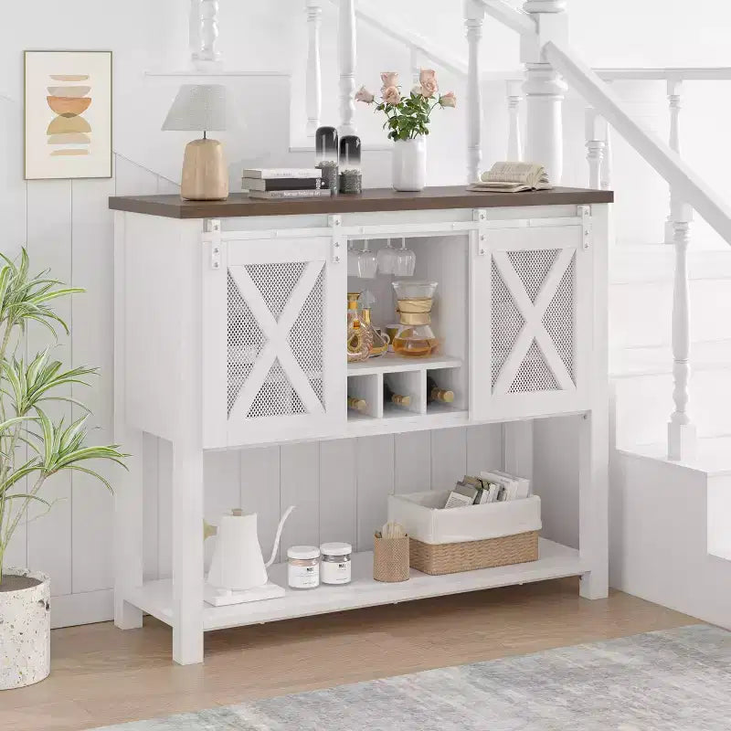 GustoWave Buffet bahut de 118 cm avec rangement, meuble de bar à café, meuble de bar à vin de ferme avec porte-verres à vin