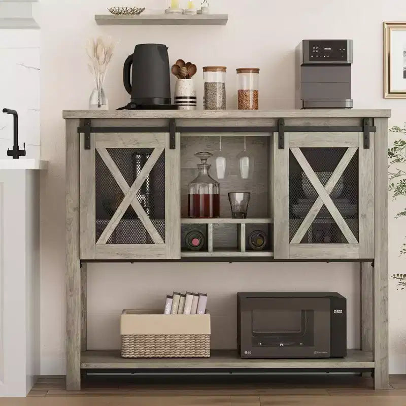 GustoWave Buffet bahut de 118 cm avec rangement, meuble de bar à café, meuble de bar à vin de ferme avec porte-verres à vin