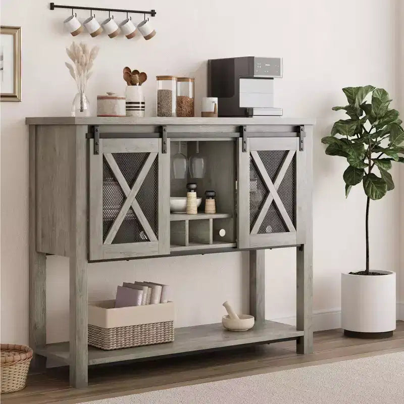GustoWave Buffet bahut de 118 cm avec rangement, meuble de bar à café, meuble de bar à vin de ferme avec porte-verres à vin