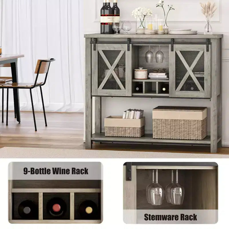 GustoWave Buffet bahut de 118 cm avec rangement, meuble de bar à café, meuble de bar à vin de ferme avec porte-verres à vin