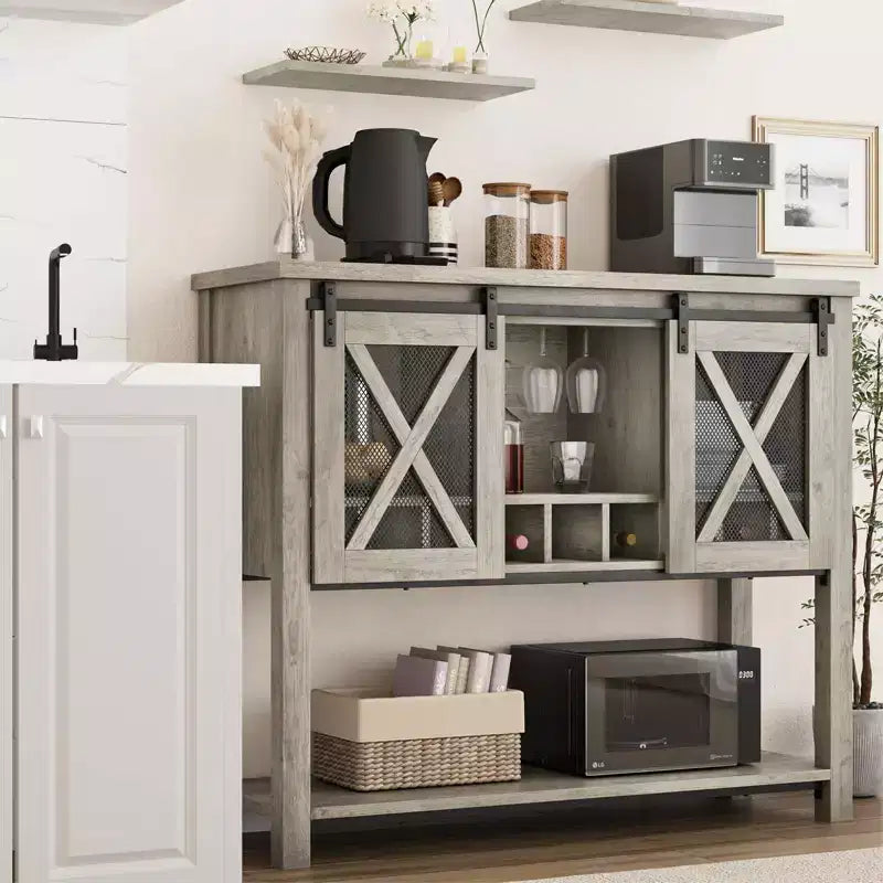 GustoWave Buffet bahut de 118 cm avec rangement, meuble de bar à café, meuble de bar à vin de ferme avec porte-verres à vin