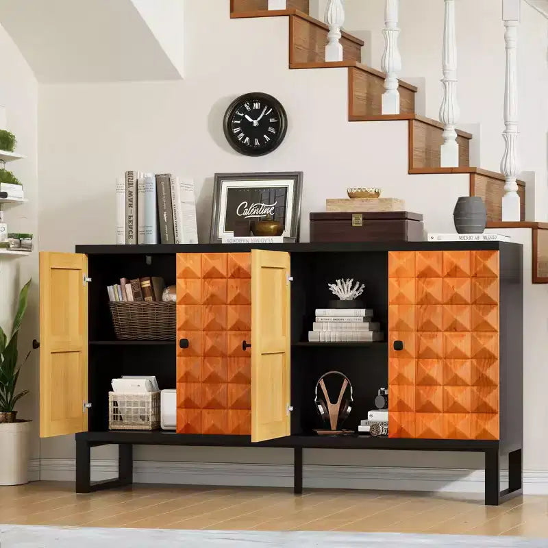 Mobile credenza moderno Okak, mobile buffet con 4 ante dal design geometrico elegante, armadietto contenitore per soggiorno, ufficio, cucina