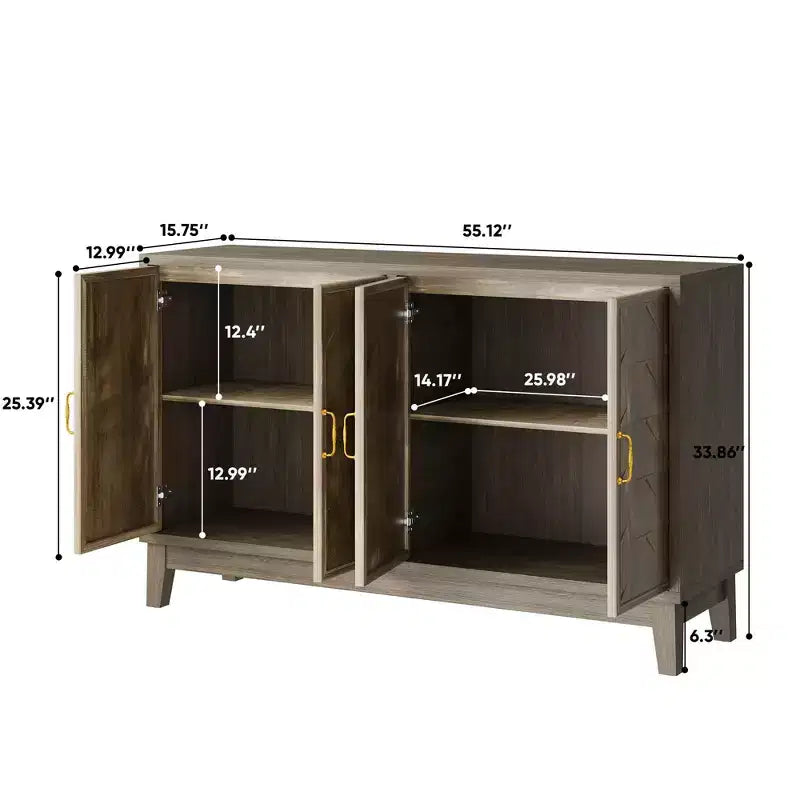 Mobile credenza moderno Okak, mobile buffet con 4 ante dal design geometrico elegante, armadietto contenitore per soggiorno, ufficio, cucina