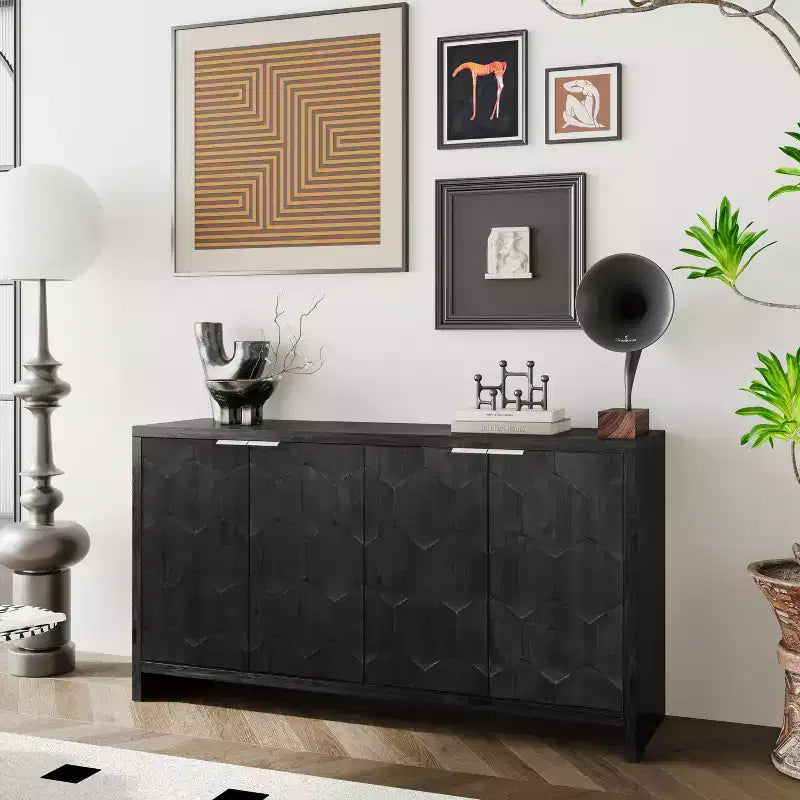 Okak - Mobiletto rustico da fattoria, credenza con quattro ante con motivo intagliato, mobile contenitore per cucina, sala da pranzo, ingresso