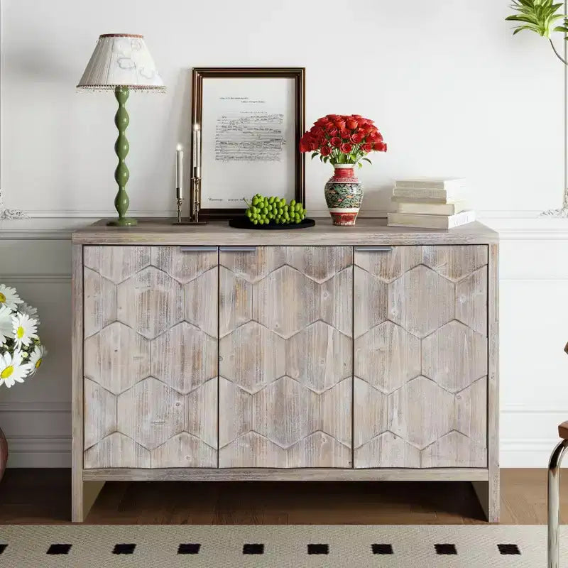 Okak Farmhouse Accent Cabinet, Sideboard Cabinet with Four Carved Patterns Doors, Storage Cabinet for Kitchen, Dining Room, Entryway