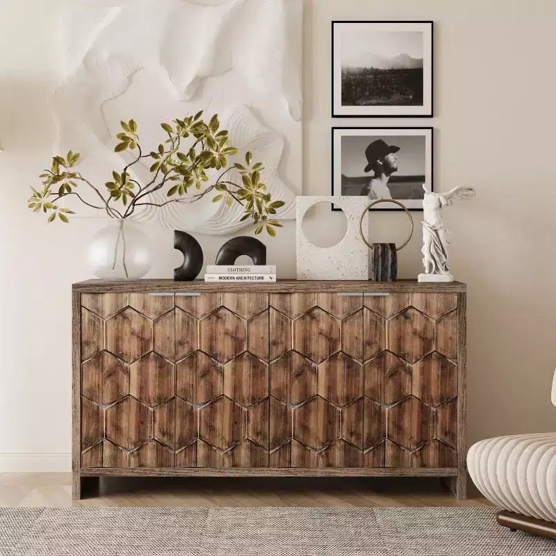 Okak - Mobiletto rustico da fattoria, credenza con quattro ante con motivo intagliato, mobile contenitore per cucina, sala da pranzo, ingresso