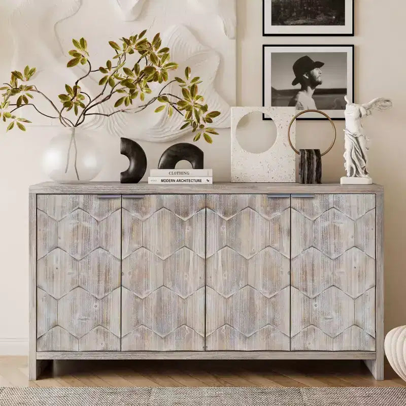Okak - Mobiletto rustico da fattoria, credenza con quattro ante con motivo intagliato, mobile contenitore per cucina, sala da pranzo, ingresso