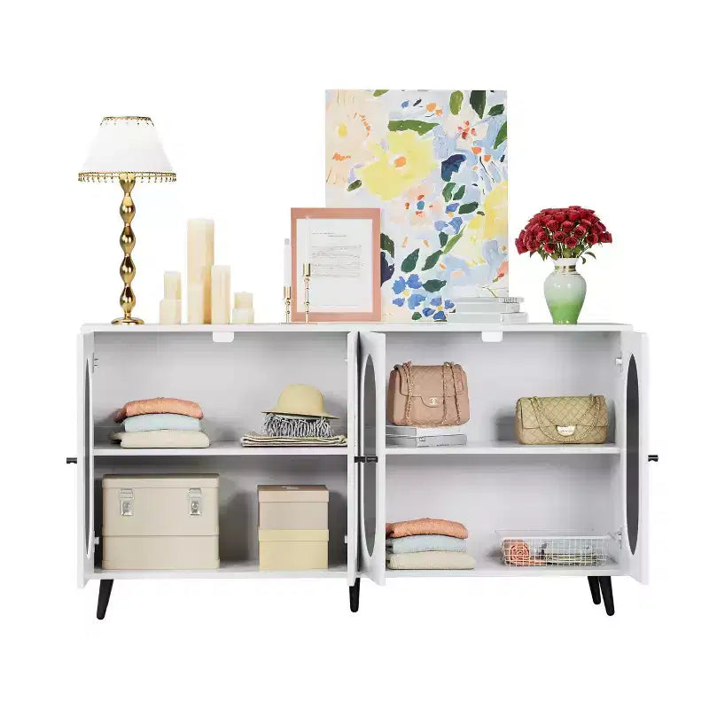 Okak Armadietto d'Accento Moderno, Credenza con Quattro Ante in Vetro, Mobile Contenitore per Cucina, Sala da Pranzo, Ingresso