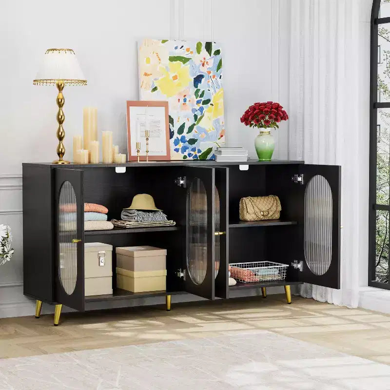 Okak Armadietto d'Accento Moderno, Credenza con Quattro Ante in Vetro, Mobile Contenitore per Cucina, Sala da Pranzo, Ingresso