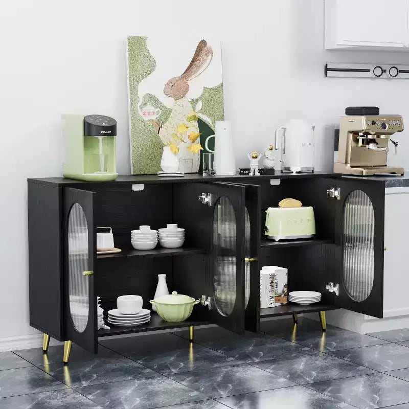 Okak Armadietto d'Accento Moderno, Credenza con Quattro Ante in Vetro, Mobile Contenitore per Cucina, Sala da Pranzo, Ingresso