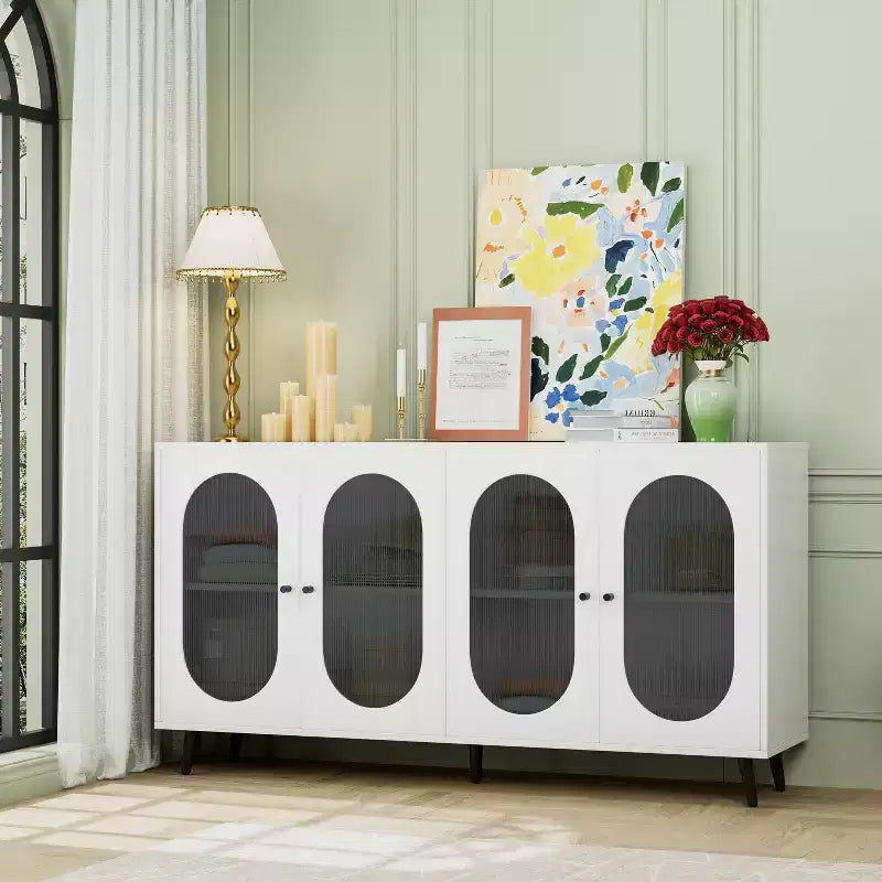 Okak Armadietto d'Accento Moderno, Credenza con Quattro Ante in Vetro, Mobile Contenitore per Cucina, Sala da Pranzo, Ingresso