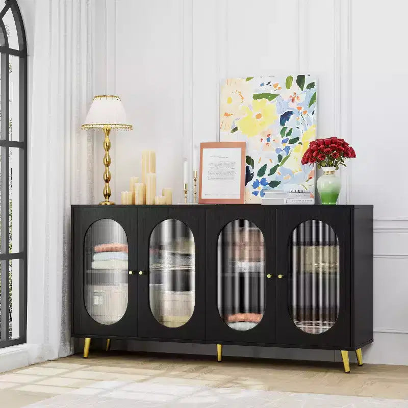 Okak Armadietto d'Accento Moderno, Credenza con Quattro Ante in Vetro, Mobile Contenitore per Cucina, Sala da Pranzo, Ingresso