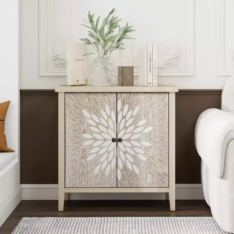 Mobile Buffet Moderno Okak, Mobile Contenitore con Quattro Ante Intagliate, Credenza per Cucina, Sala da Pranzo, Ingresso