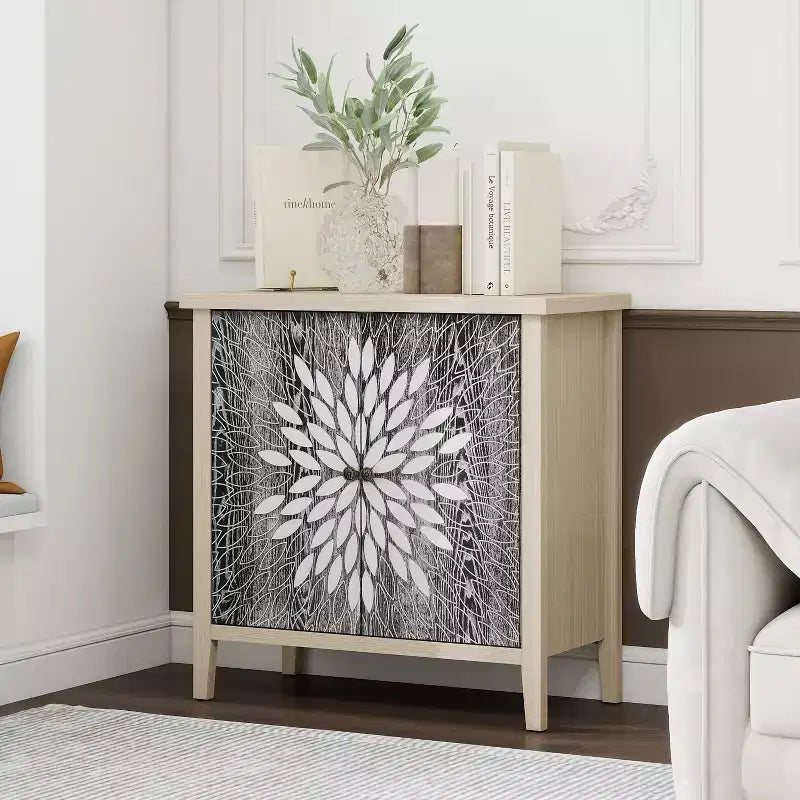 Mobile Buffet Moderno Okak, Mobile Contenitore con Quattro Ante Intagliate, Credenza per Cucina, Sala da Pranzo, Ingresso