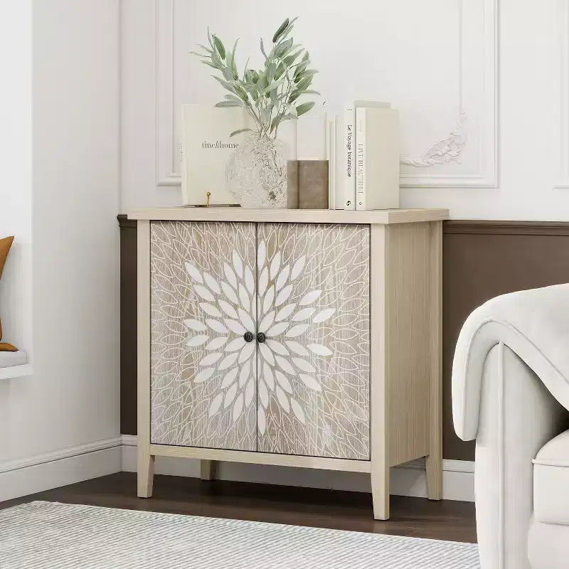 Mobile Buffet Moderno Okak, Mobile Contenitore con Quattro Ante Intagliate, Credenza per Cucina, Sala da Pranzo, Ingresso