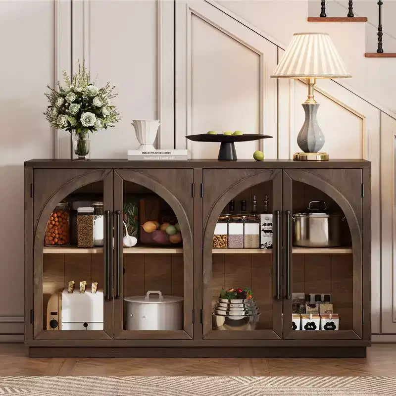 Bahut Okak avec 4 portes cintrées en verre et 4 étagères, meuble de rangement pour salon, salle à manger