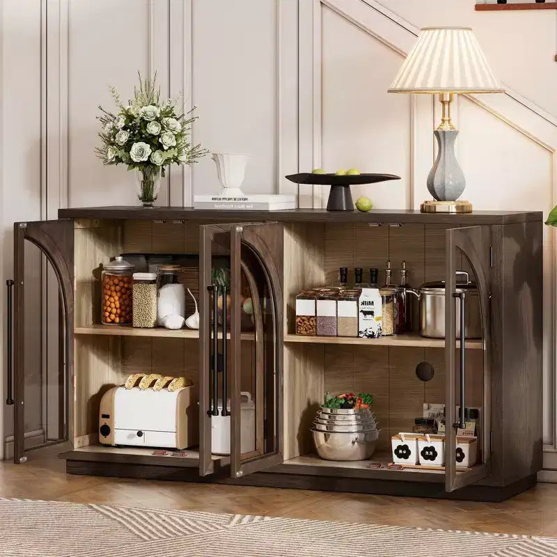 Bahut Okak avec 4 portes cintrées en verre et 4 étagères, meuble de rangement pour salon, salle à manger