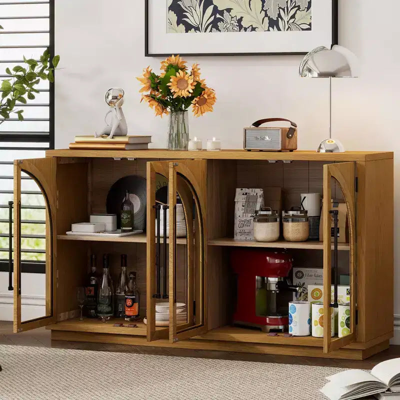 Bahut Okak avec 4 portes cintrées en verre et 4 étagères, meuble de rangement pour salon, salle à manger