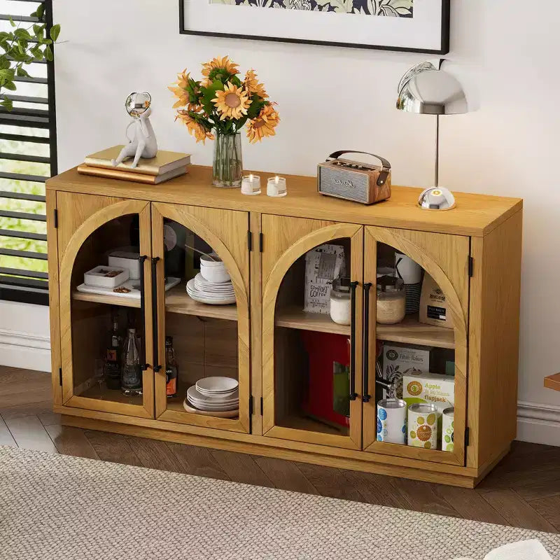 Bahut Okak avec 4 portes cintrées en verre et 4 étagères, meuble de rangement pour salon, salle à manger