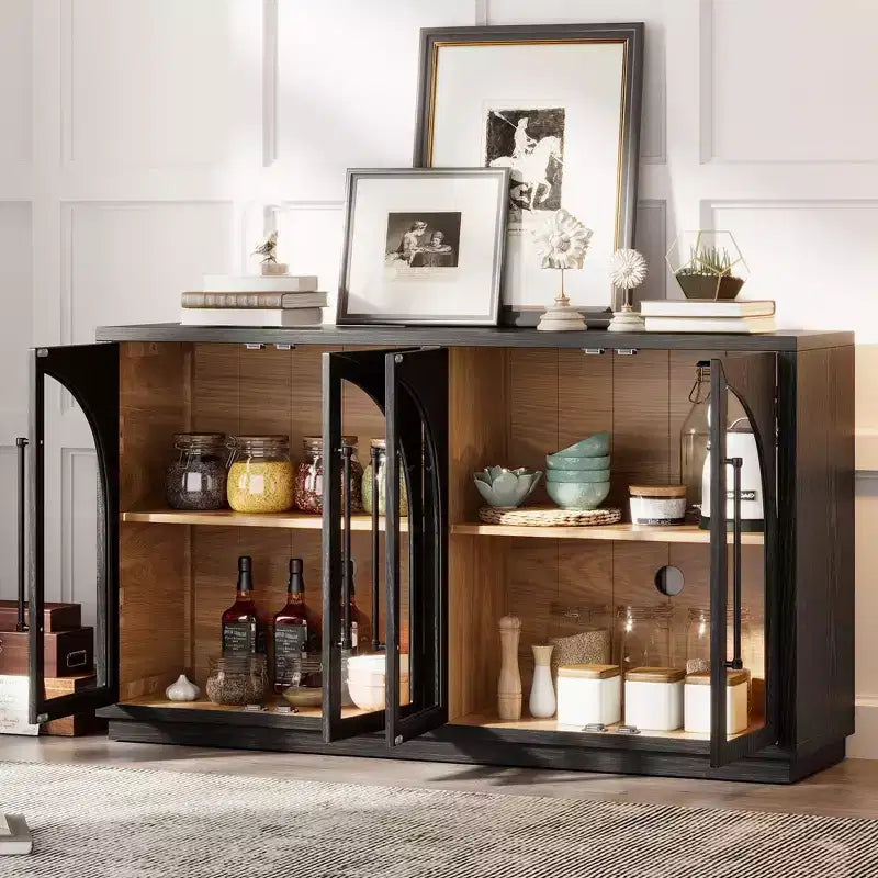 Bahut Okak avec 4 portes cintrées en verre et 4 étagères, meuble de rangement pour salon, salle à manger