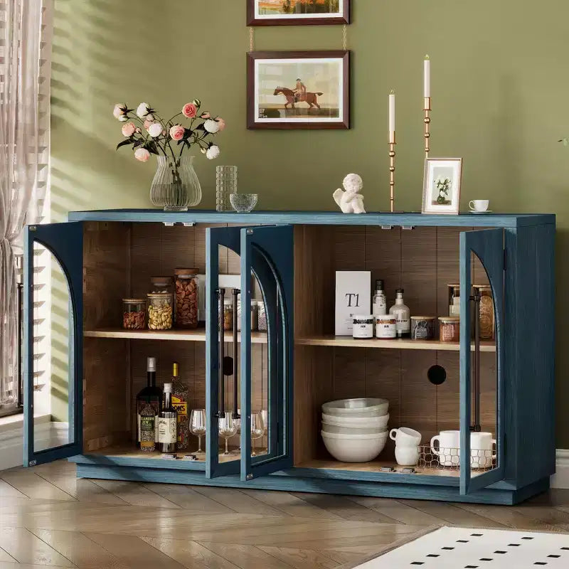 Bahut Okak avec 4 portes cintrées en verre et 4 étagères, meuble de rangement pour salon, salle à manger