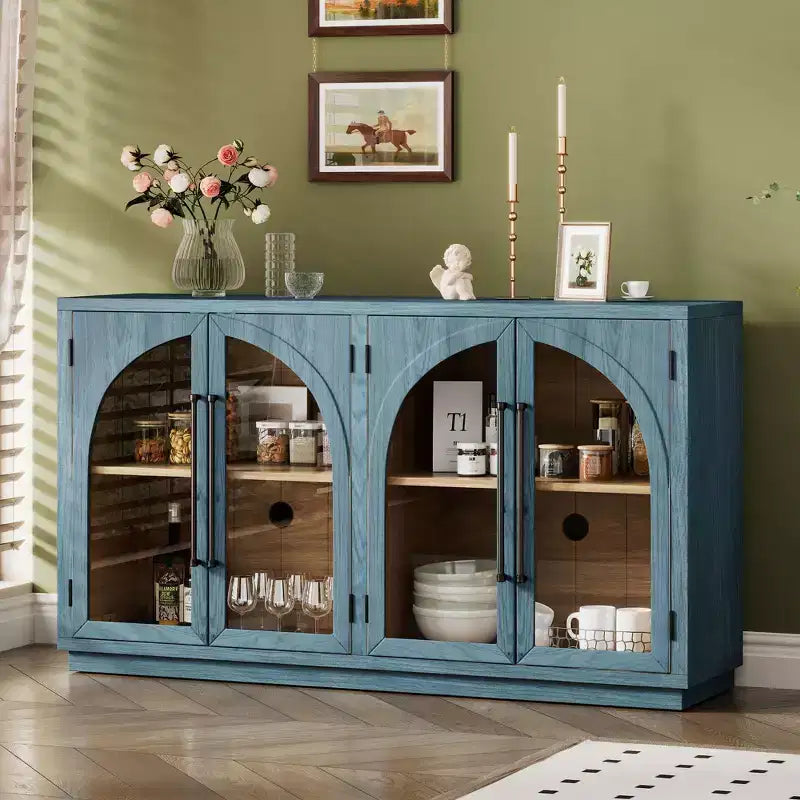 Bahut Okak avec 4 portes cintrées en verre et 4 étagères, meuble de rangement pour salon, salle à manger