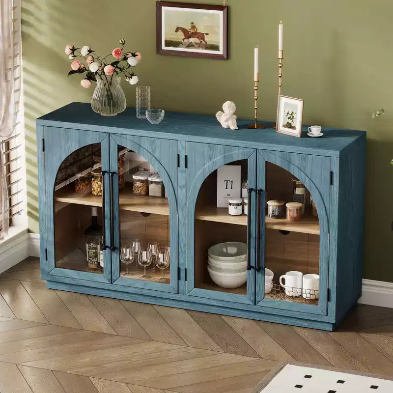 Bahut Okak avec 4 portes cintrées en verre et 4 étagères, meuble de rangement pour salon, salle à manger