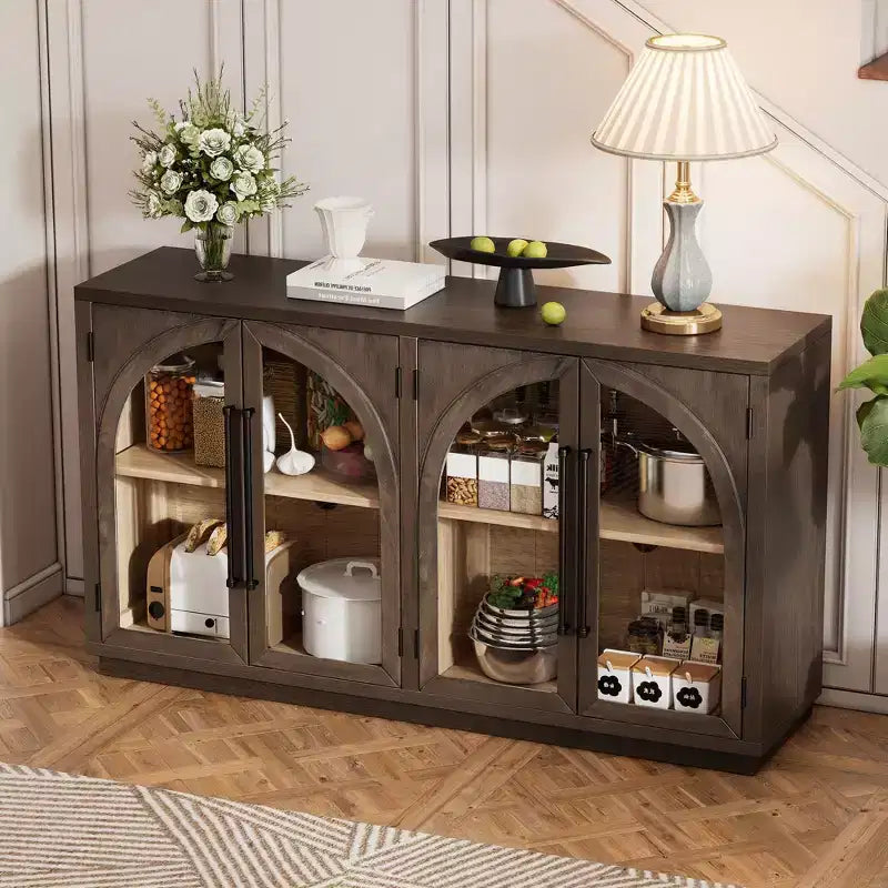 Bahut Okak avec 4 portes cintrées en verre et 4 étagères, meuble de rangement pour salon, salle à manger