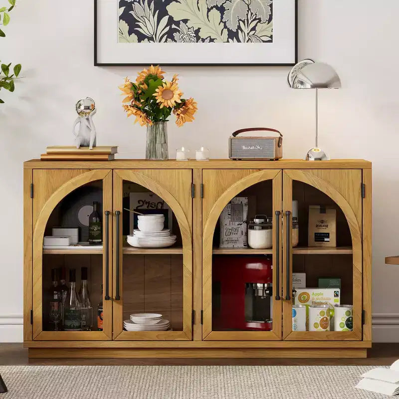 Bahut Okak avec 4 portes cintrées en verre et 4 étagères, meuble de rangement pour salon, salle à manger