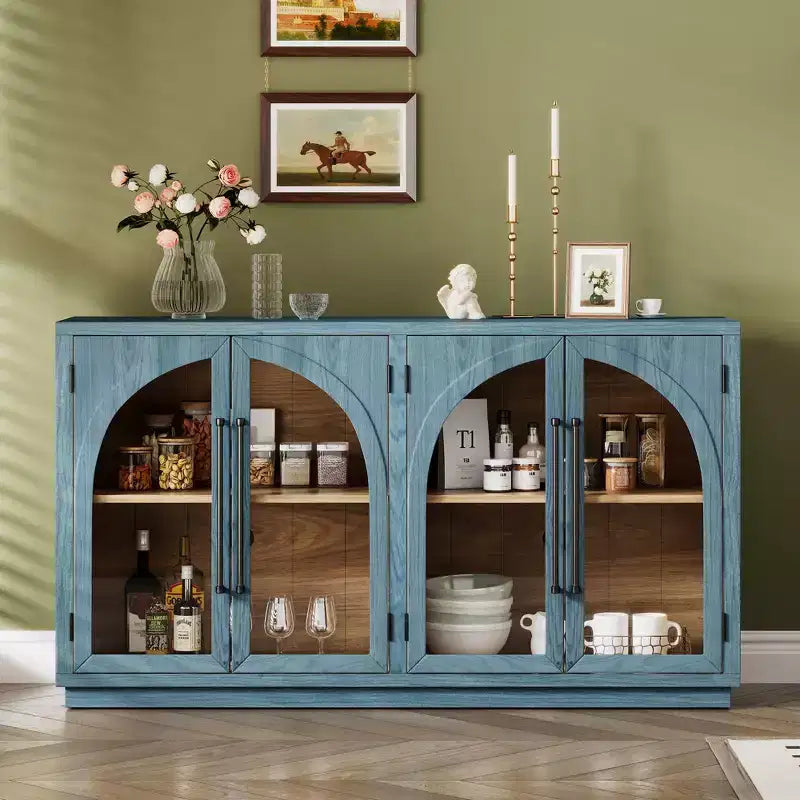 Okak Sideboard Cabinet, Bufft Cabinet with 4 Arched Glass Doors and 4 Shelves, Storage Cabinet for Living Room, Dining Room