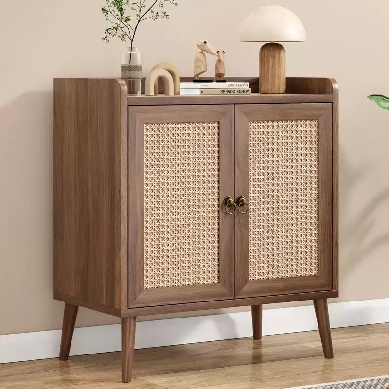 Mobile credenza Okak, credenza buffet con 2 ante decorate in rattan, mobile contenitore per soggiorno, sala da pranzo, cucina