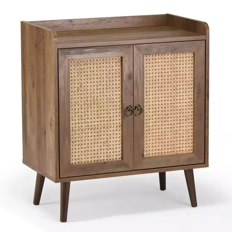 Mobile credenza Okak, credenza buffet con 2 ante decorate in rattan, mobile contenitore per soggiorno, sala da pranzo, cucina
