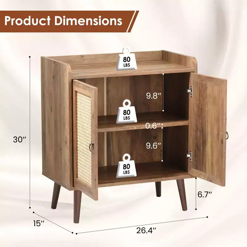 Mobile credenza Okak, credenza buffet con 2 ante decorate in rattan, mobile contenitore per soggiorno, sala da pranzo, cucina