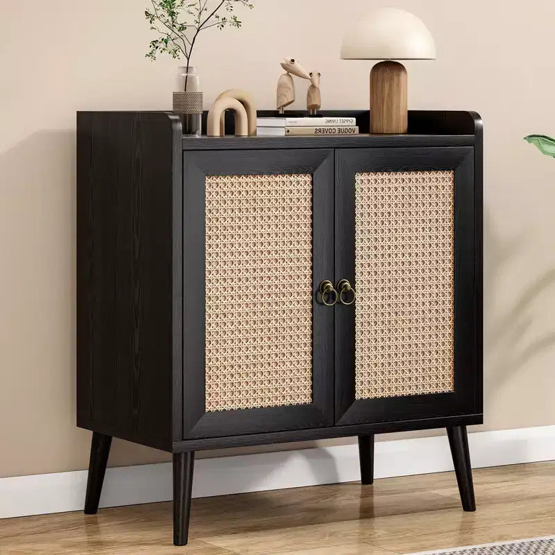 Mobile credenza Okak, credenza buffet con 2 ante decorate in rattan, mobile contenitore per soggiorno, sala da pranzo, cucina