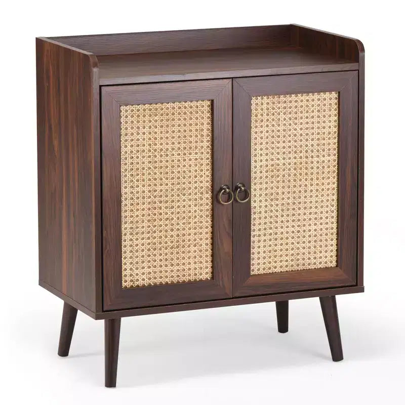 Mobile credenza Okak, credenza buffet con 2 ante decorate in rattan, mobile contenitore per soggiorno, sala da pranzo, cucina