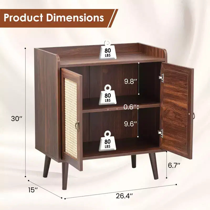 Mobile credenza Okak, credenza buffet con 2 ante decorate in rattan, mobile contenitore per soggiorno, sala da pranzo, cucina