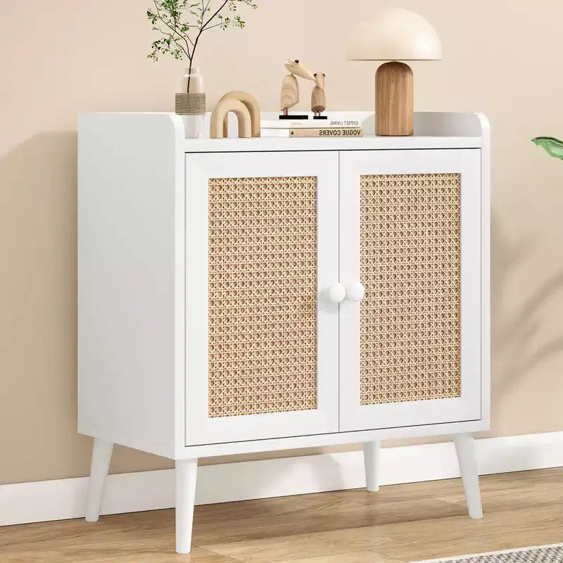 Mobile credenza Okak, credenza buffet con 2 ante decorate in rattan, mobile contenitore per soggiorno, sala da pranzo, cucina