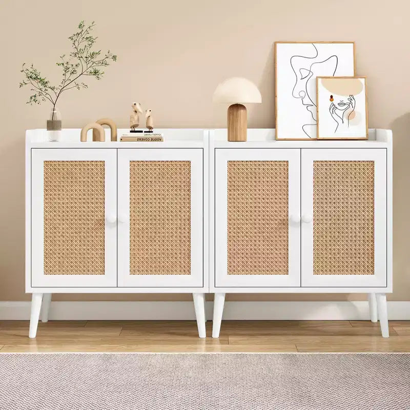 Mobile credenza Okak, credenza buffet con 2 ante decorate in rattan, mobile contenitore per soggiorno, sala da pranzo, cucina
