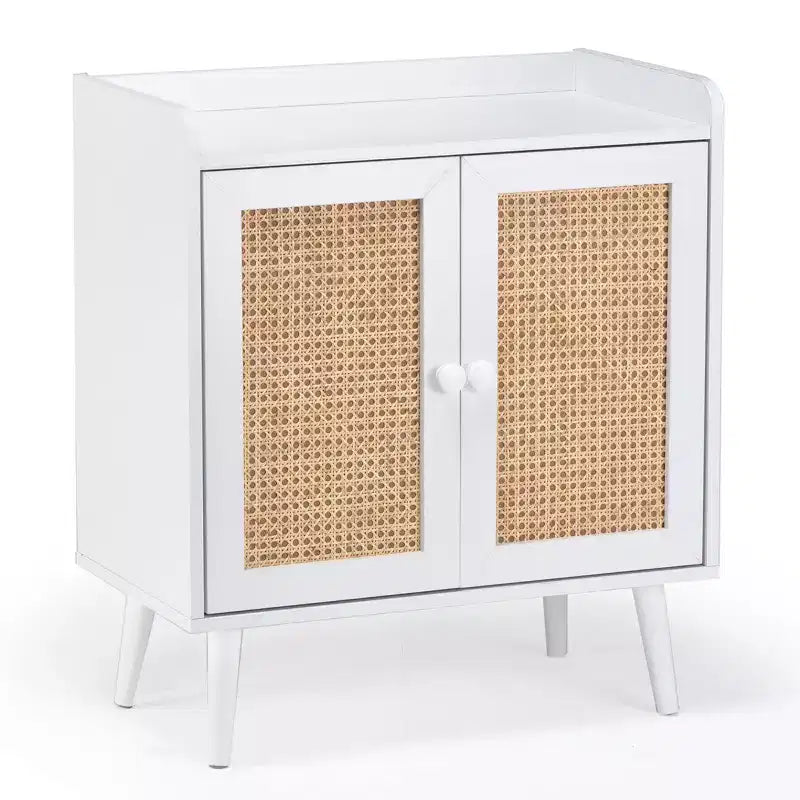 Mobile credenza Okak, credenza buffet con 2 ante decorate in rattan, mobile contenitore per soggiorno, sala da pranzo, cucina