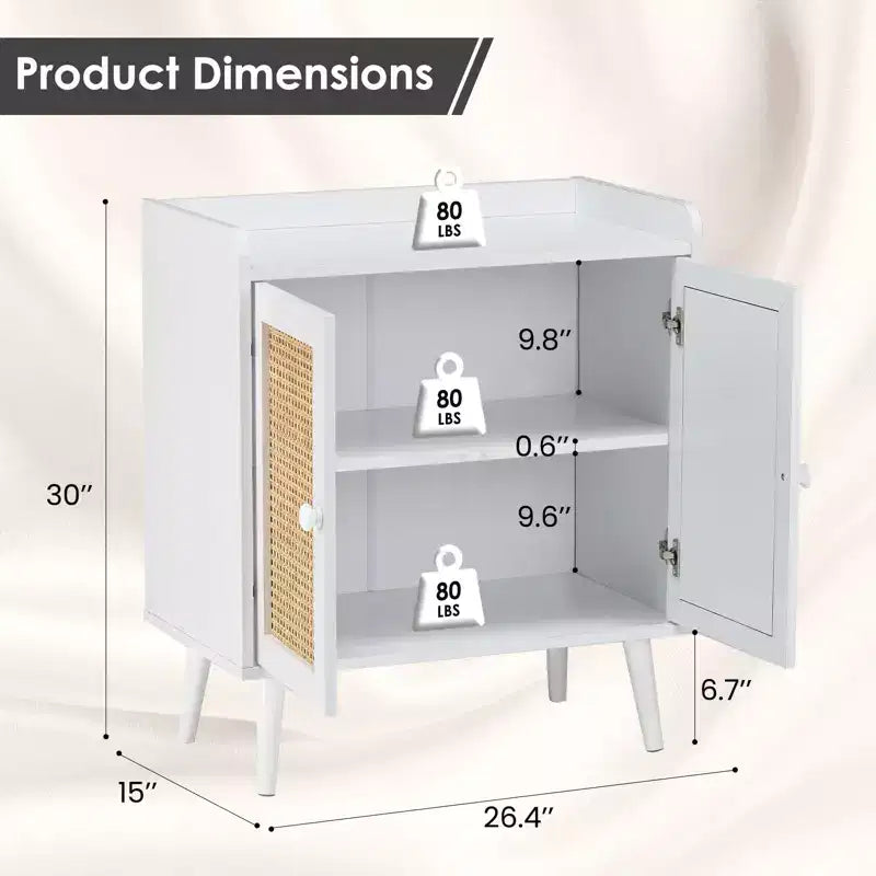 Mobile credenza Okak, credenza buffet con 2 ante decorate in rattan, mobile contenitore per soggiorno, sala da pranzo, cucina