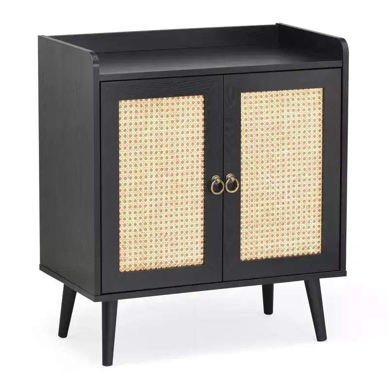 Mobile credenza Okak, credenza buffet con 2 ante decorate in rattan, mobile contenitore per soggiorno, sala da pranzo, cucina