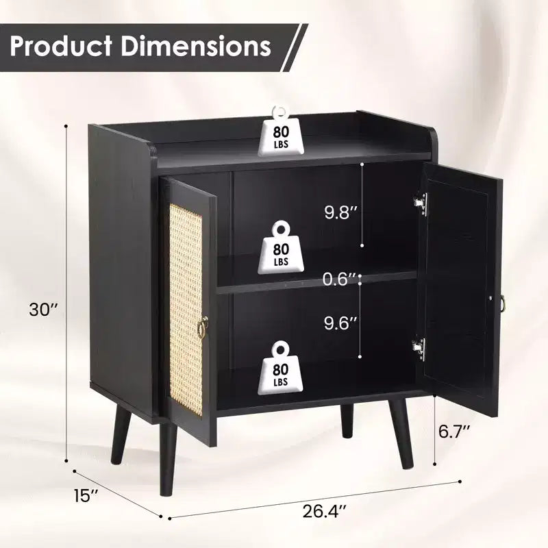 Mobile credenza Okak, credenza buffet con 2 ante decorate in rattan, mobile contenitore per soggiorno, sala da pranzo, cucina