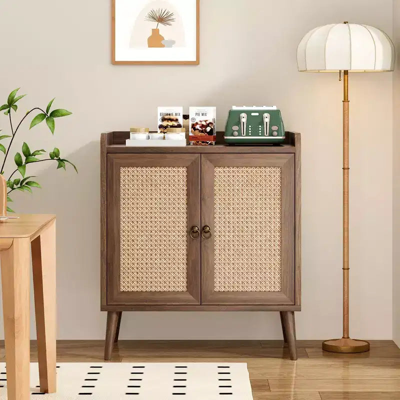 Meuble de Rangement Okak, Buffet avec 2 Portes Décorées en Rotin, Meuble de Rangement pour Salon, Salle à Manger, Cuisine