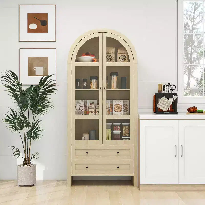 Okak Arched Display Cabinet, Sideboard Cabinet with 2 Doors and 2 Drawers, Freestanding Cabinet for Living Room, Dining Room, Office, Natural