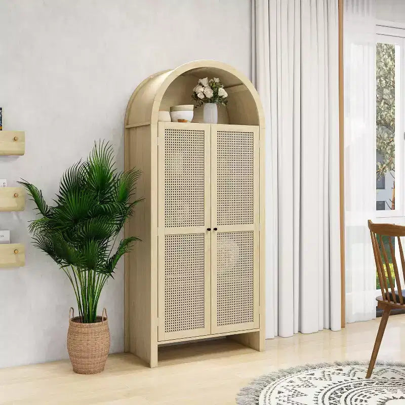 Meuble de Rangement Okak avec Arc, Buffet avec 2 Portes et 2 Tiroirs, Armoire Autonome pour Salon, Salle à Manger, Bureau, Naturel