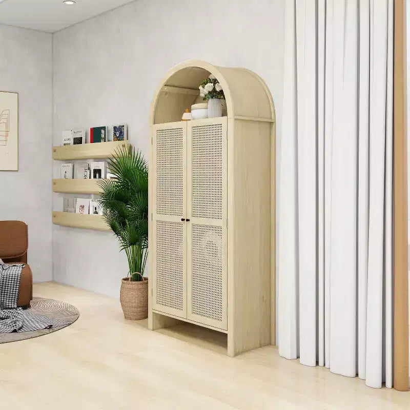 Meuble de Rangement Okak avec Arc, Buffet avec 2 Portes et 2 Tiroirs, Armoire Autonome pour Salon, Salle à Manger, Bureau, Naturel