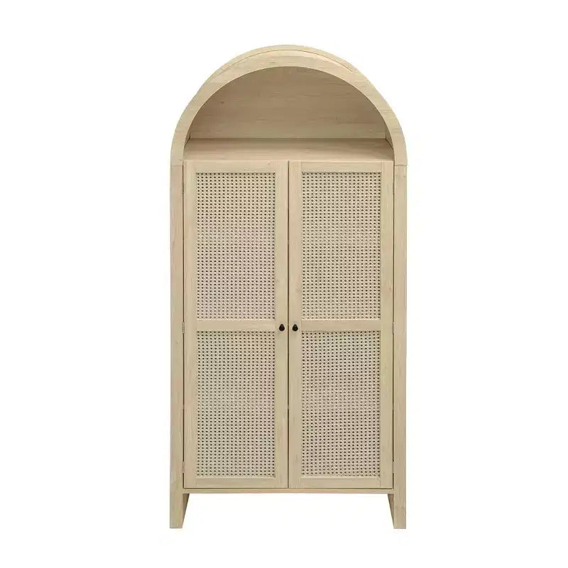 Meuble de Rangement Okak avec Arc, Buffet avec 2 Portes et 2 Tiroirs, Armoire Autonome pour Salon, Salle à Manger, Bureau, Naturel